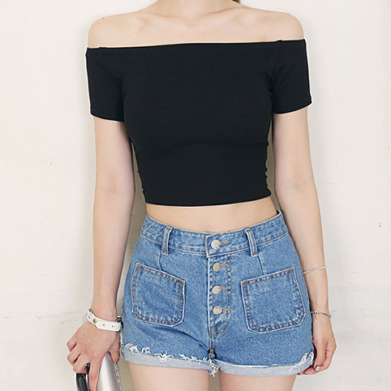 2017款】黑色一字领露脐短款t恤女 高腰修身显瘦漏肚脐纯棉性感夏露肩