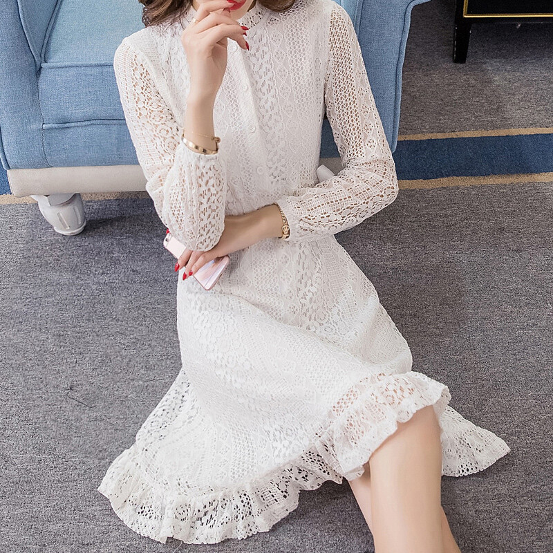 opzc女装春装新款女装韩版长袖白色鱼尾中长款蕾丝连衣裙秋冬装a字裙