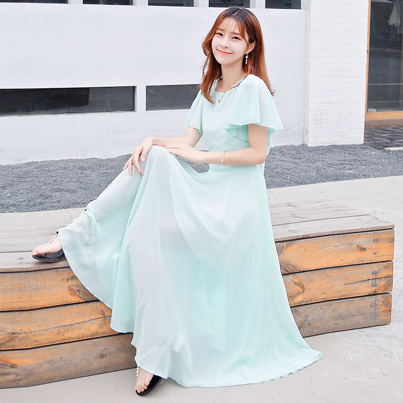 娉语超仙雪纺连衣裙女中长款大码波西米亚长裙修身收腰大摆沙滩裙子仙