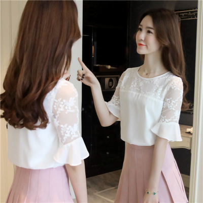 薇侣2017蕾丝拼接雪纺衫女夏装新款韩版上衣
