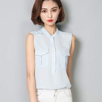 薇侣2017春夏新款上衣时尚无袖立领雪纺衫女