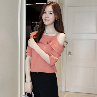 薇侣2017新品夏装新款短袖雪纺衫女荷叶边一字领纯色甜美上衣