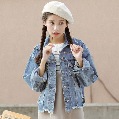 薇侣2017新品韩版不规则毛边牛仔外套女宽松短款长袖牛仔夹克8693#