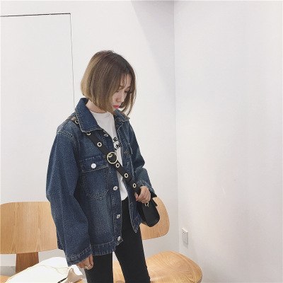 薇侣2017新品新款学生学院风宽松牛仔上衣女拉链短款外套