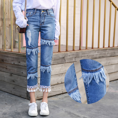 薇侣2017新品牛仔裤女拼接长裤破洞裤流苏修身个性牛仔秋款女