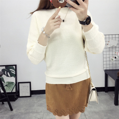 薇侣2017新品韩版圆领针织衫秋装新纯色套头衫短款女装宽松长袖毛衣潮