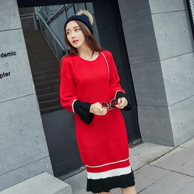 薇侣2017新品条纹宽松大码拼接秋季新款中长款胖MM显瘦连衣裙女裙子