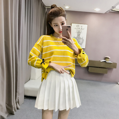 薇侣2017新品秋新款韩版女装宽松长袖条纹上衣套头毛衣女外套打底针织衫