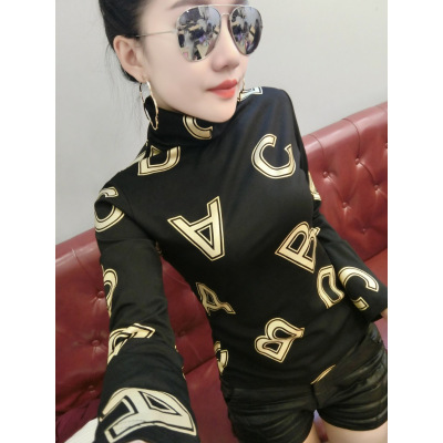 薇侣2017新品秋冬新款时尚高领长袖女字母印花打底衫紧身上衣潮小衫