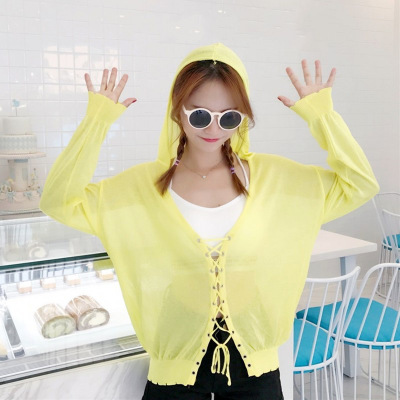 薇侣2017新品针织连帽开衫女薄款系带外套空调衫