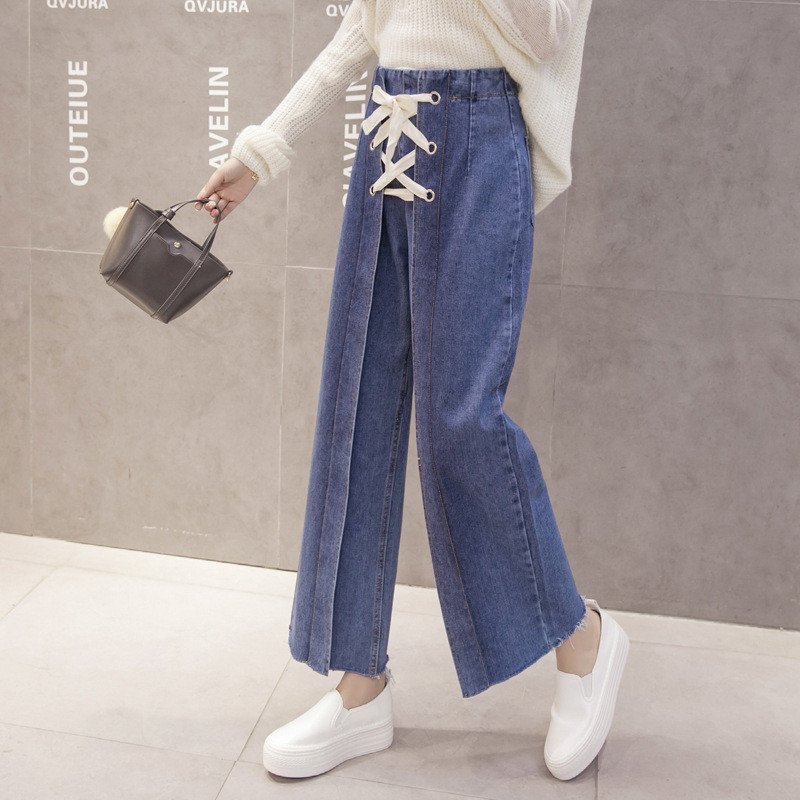 侣2017秋季新款高腰阔脚裤绑带设计毛边裤女