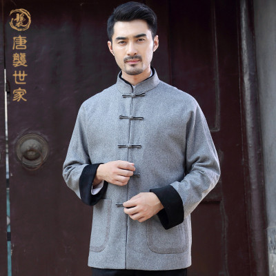 娉语唐装男长袖中老年人秋冬季外套中式立领盘扣加大羊毛呢上衣居士服