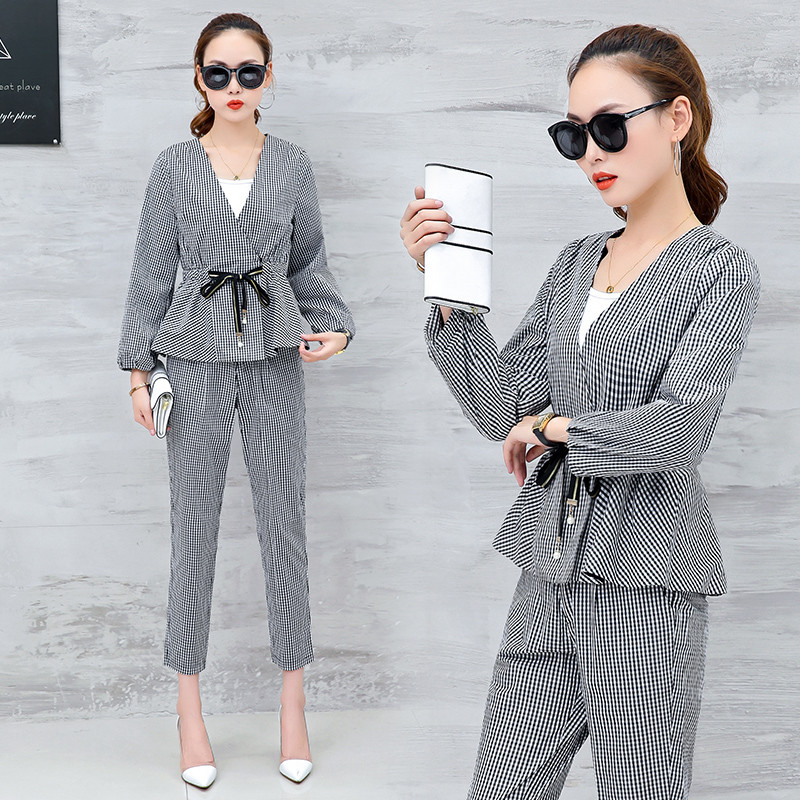 娉语时尚格子套装女秋季新款2017韩版修身显瘦小香风名媛气质两件套