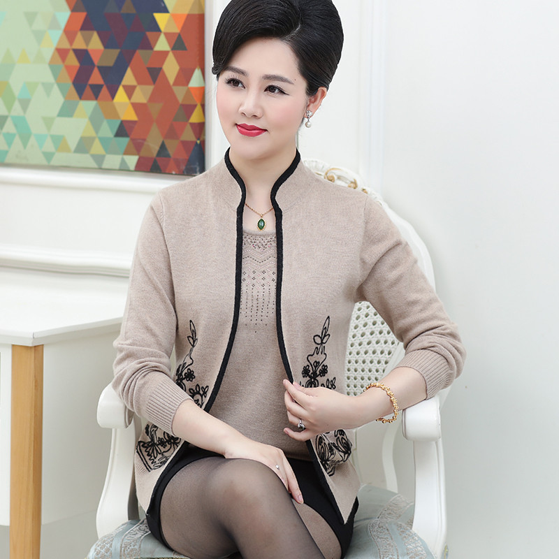 娉语2018秋冬新品女装妈妈装长袖羊毛打底开衫中老年假两件套针织上衣