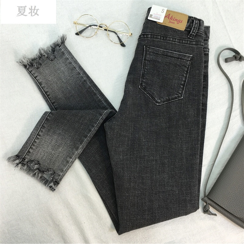 夏妆毛边紧身弹力烟灰色牛仔裤女九分裤小脚裤