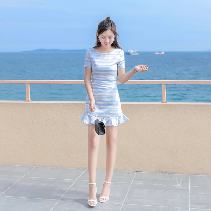 828新款荷叶边鱼尾裙连衣裙女夏2017新款修身显瘦条纹短裙小清新包臀