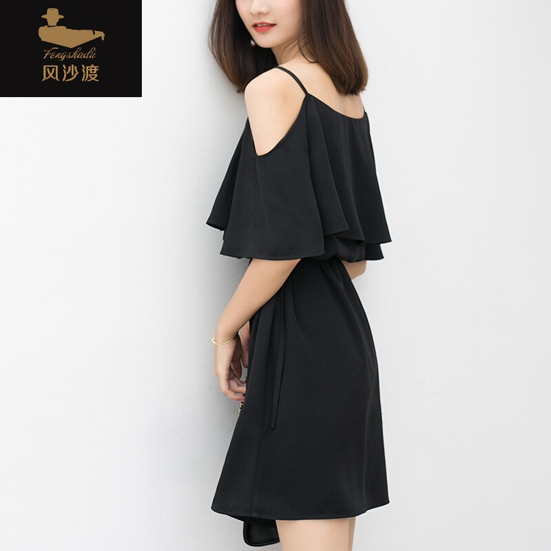 斩男装备露肩露锁骨吊带短袖连衣裙绑带裙子