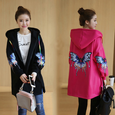 珂依舍2017秋装现货实拍连帽宽松大码中长款卫衣外套女装开衫上衣学生胖mm