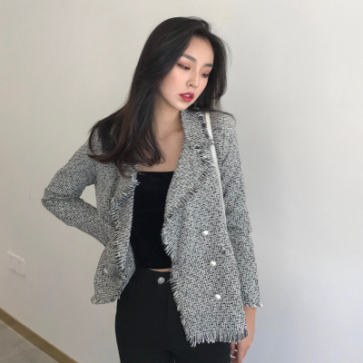 珂依舍2017秋装新款实价名媛风翻领外套上衣流苏西装领长袖衫