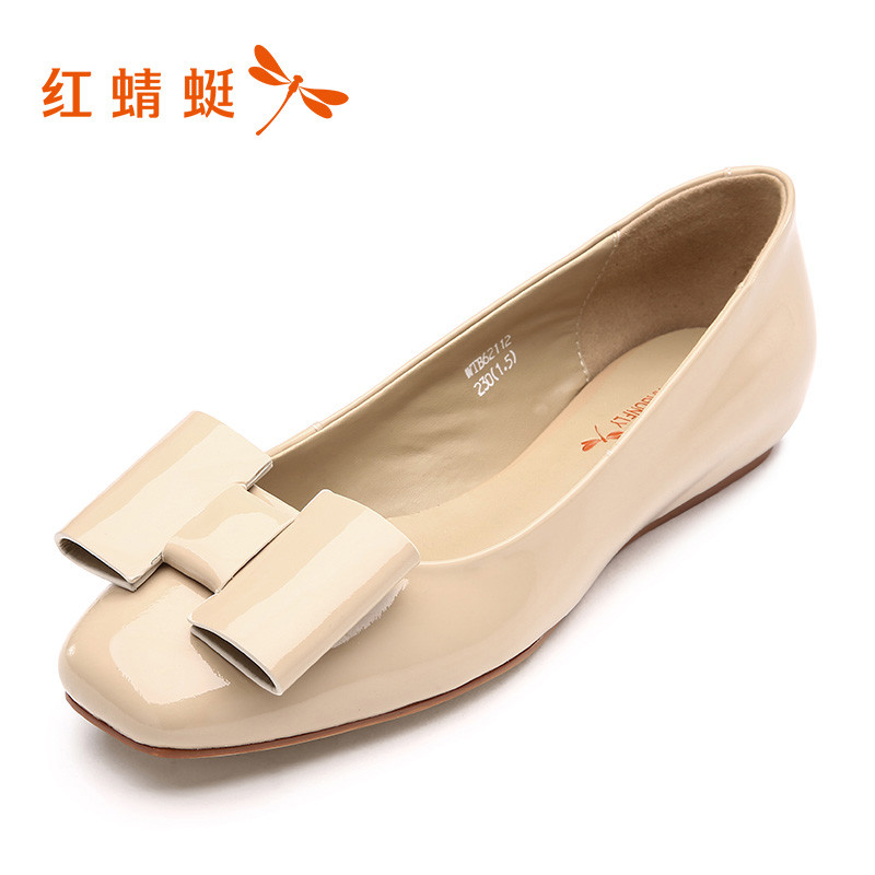 红蜻蜓女鞋 2017秋新款休闲简约浅口方头真皮平底女单鞋 6211