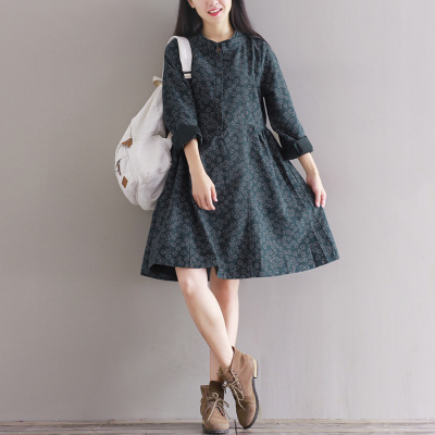 2017秋装新款森女文艺磨毛纯棉宽松中长款立领复古碎花长袖连衣裙