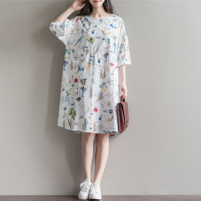 2016秋纯棉手绘印花五分袖文艺清新森女系宽松大码大口袋连衣裙