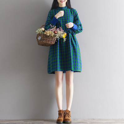 2016秋冬新款森女系宽松大码复古撞色灯笼袖小高领纯棉格子连衣裙