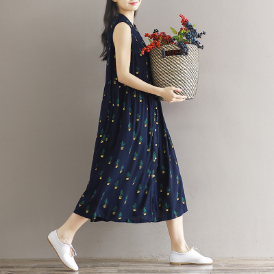 森女系2017夏装新款纯棉印花无袖立领碎花长裙宽松大码文艺连衣裙