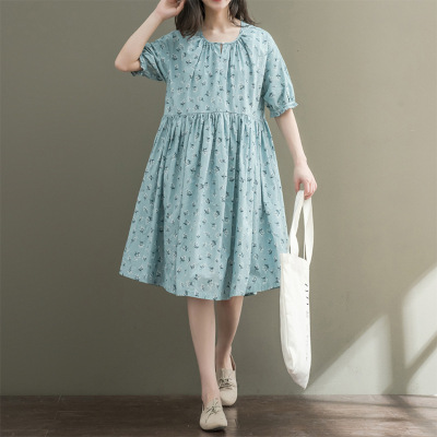 2017夏装新款森女小清新文艺复古宽松大码显瘦纯棉布碎花连衣裙潮