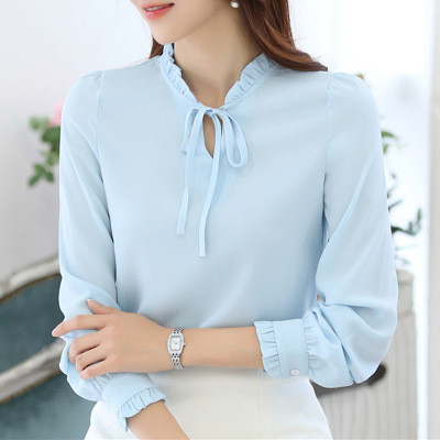 2017秋季新款雪纺衫韩版时尚长袖衬衫纯色气质打底上衣女小衫