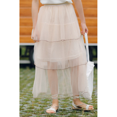 夏装新款三层网纱裙蓬蓬仙女裙中长款纯色高腰半身裙女蛋糕裙