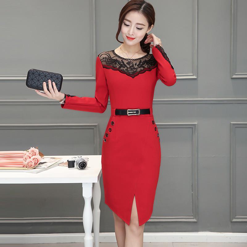 2016秋装新款蕾丝拼接开叉修身连衣裙送腰带