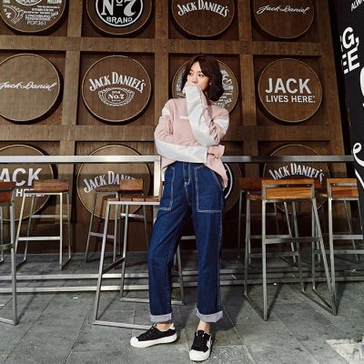 902新款青蔷薇秋装韩版学生宽松阔腿裤长裤高腰卷边直筒裤牛仔裤女K001定制