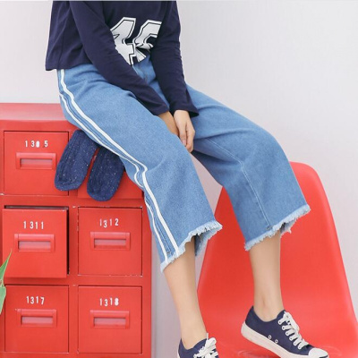 902新款七分牛仔阔腿裤女夏秋季新款2017韩版两条杠裤脚毛边宽松学生裤定制