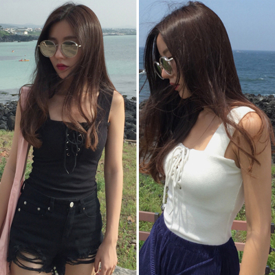 902新款春夏新款女装复古chic风绑带修身短袖粗肩吊带背心学生上衣女定制