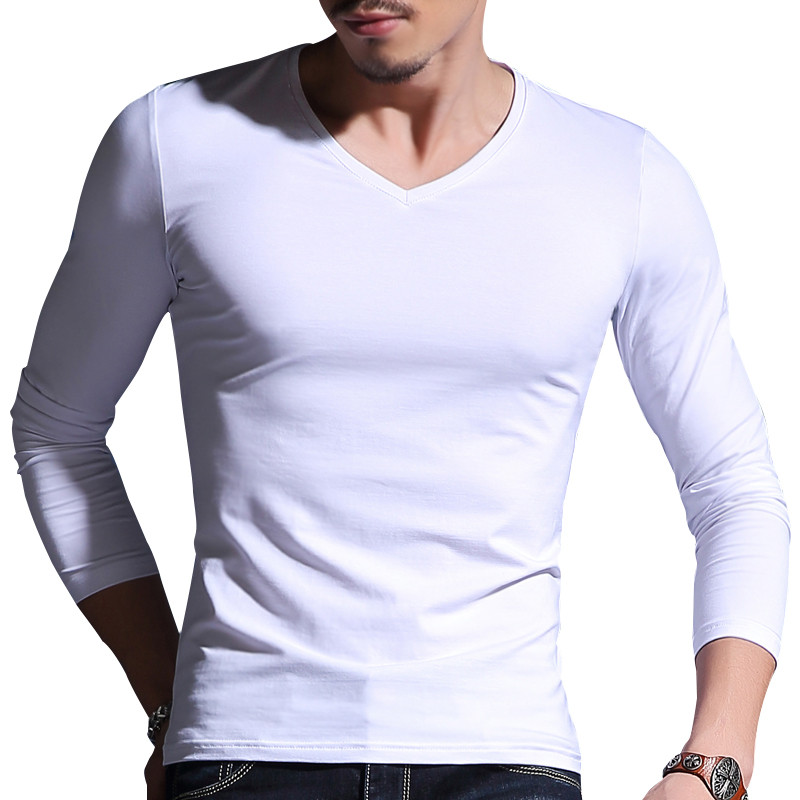 902新款莫代尔秋装长袖t恤男士v领纯色白色打底衫男款秋衣棉上衣体恤