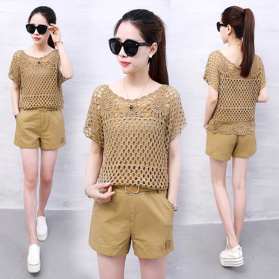 顺崇2018时尚套装女夏装新款韩版女装蕾丝短袖两件套气质名媛修身短裤套装