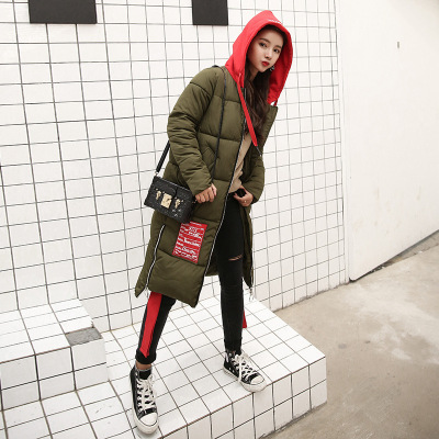 顺崇2017冬季新款羽绒服女原宿风刺绣字母嘻哈绳带卫衣帽中长棉服