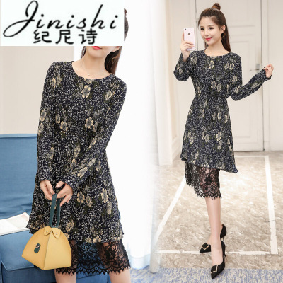 纪尼诗女装2018孕妇装秋款新款时尚雪纺蕾丝中长款孕妇裙