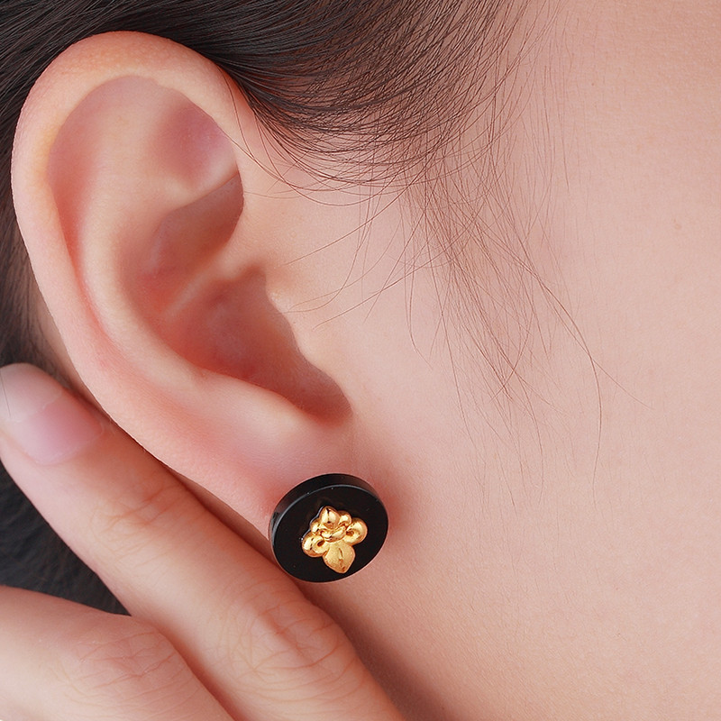 金一黄金耳钉女款足金黑曜石耳环时尚简约耳饰送女友母亲