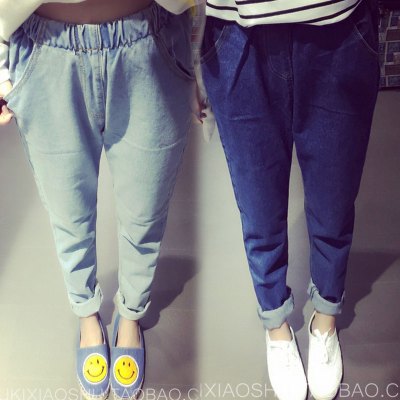 qma新款2016新款韩国原宿大码女F风松紧腰牛仔裤宽松哈伦九分裤潮定制