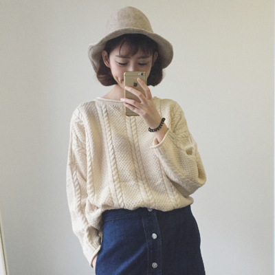 qma新款秋装韩版宽松麻花长袖套头开叉毛衣2017新款薄款针织衫学生上衣女定制