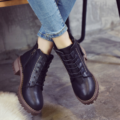 qma新款2017秋冬季女靴子英伦风马丁靴短靴学生中跟粗跟百搭棉靴保暖靴潮定制