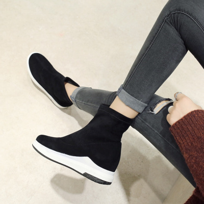 qma新款秋冬季百搭平底弹力布短靴女松糕厚底加绒鞋袜子靴黑色内增高靴子定制