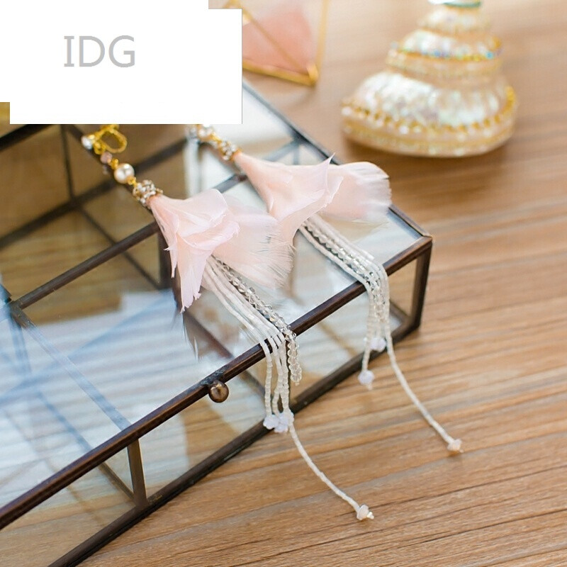 idg韩式粉色羽毛耳环新娘长款耳饰结婚纱婚纱礼服配饰品清璇