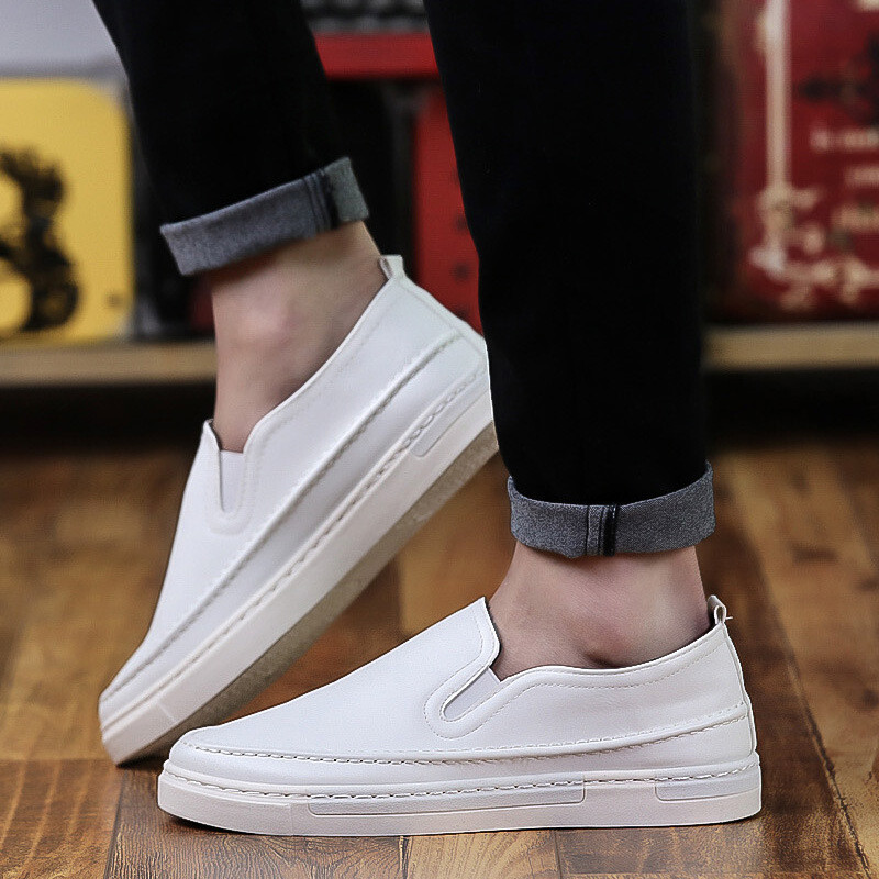 新款时尚套脚平底男士韩版休闲小皮鞋皮面乐福男鞋