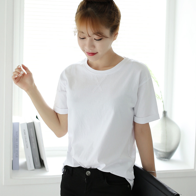 纯棉纯色韩版短袖t恤女 2017夏装大码百搭纯白色t上衣体恤打底衫