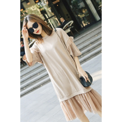 夏季假两件连衣裙女宽松休闲复古纯色中长款T恤拼接网纱鱼尾裙子