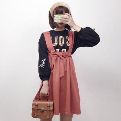 秋冬女装韩版学生宽松小清新显瘦裙子加厚松紧高腰背带裙连衣裙潮