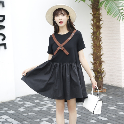 2017年夏季时尚短袖中长款宽松韩版拼接甜美蓬蓬连衣裙